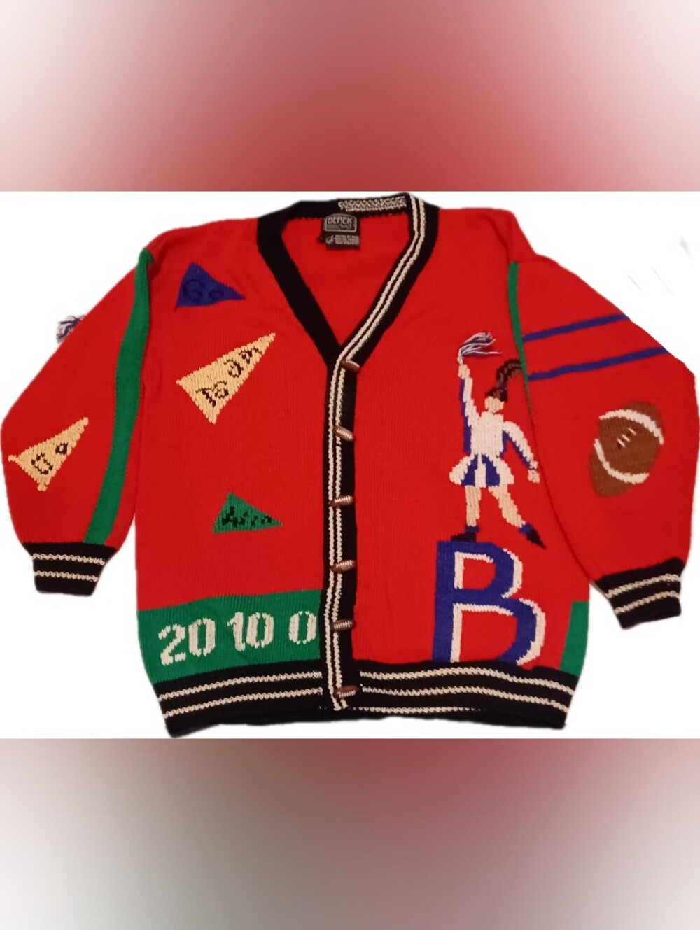 Vintage 1988 Berek Red Varsity-Inspired Cardigan with Cheer and Football Motifs